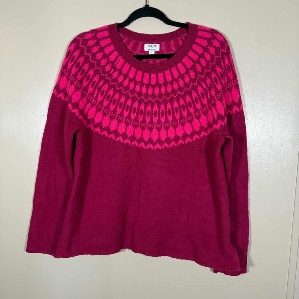 J Crew Extra Soft Pink Necklace Fair Isle Wool Blend Sweater Magenta Size Large